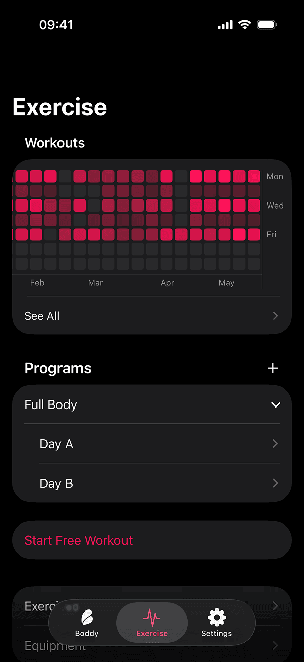 The consistency chart, programs and routines, and every workout logged so far.