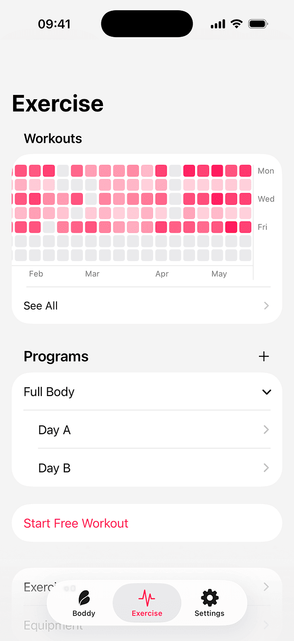 The consistency chart, programs and routines, and every workout logged so far.