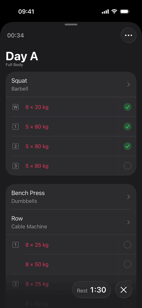 Sets, a running rest timer, and a superset grouped together.