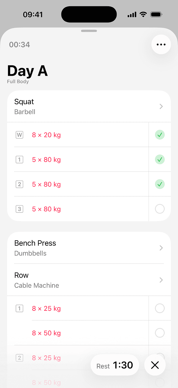 Sets, a running rest timer, and a superset grouped together.